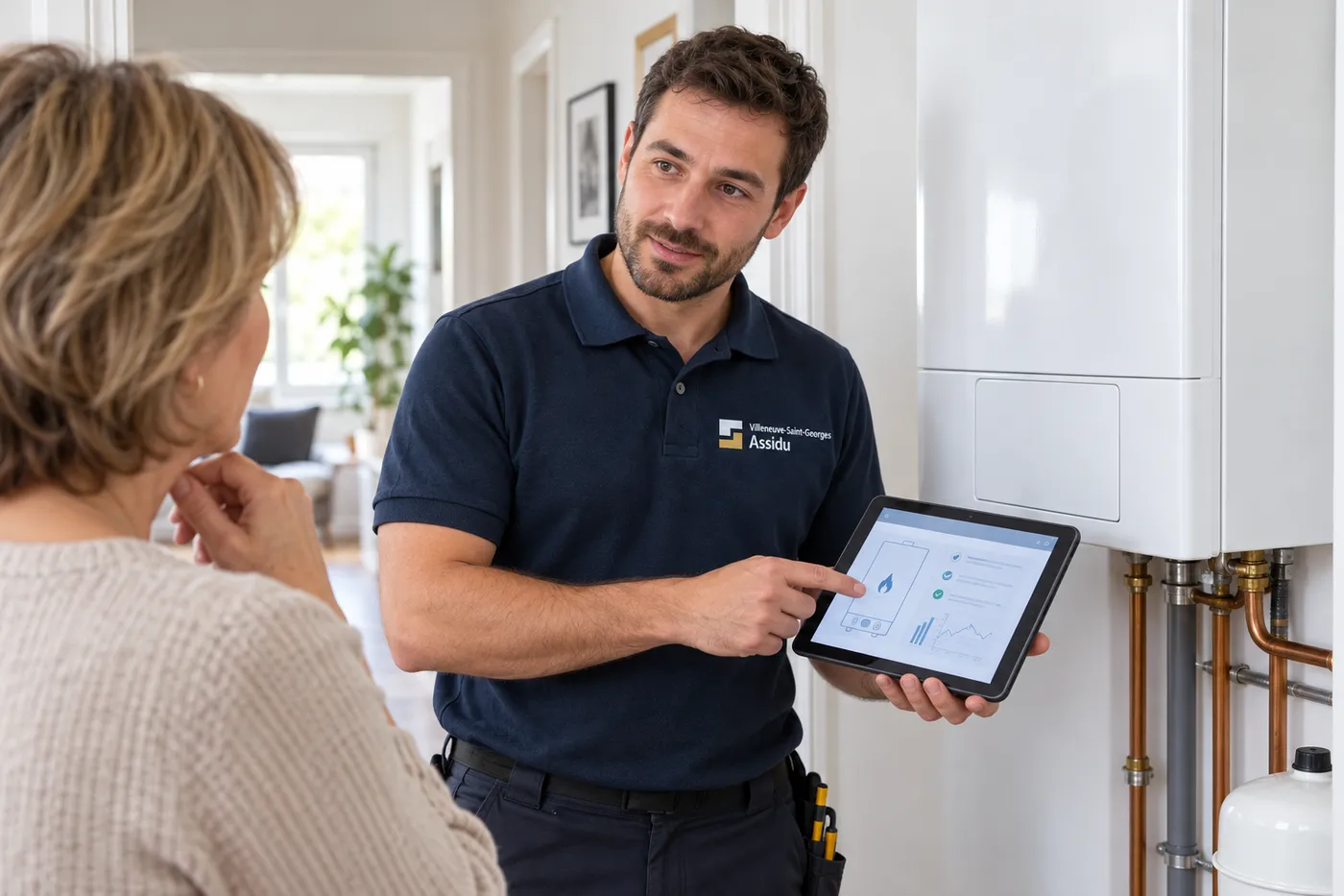 Chauffagiste en polo marine expliquant le diagnostic sur sa tablette à une habitante, à côté d'une chaudière murale