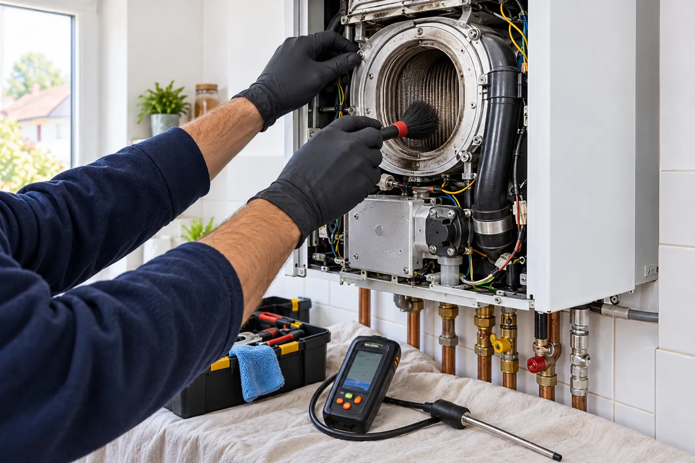 Nettoyage du brûleur d'une chaudière gaz à condensation pendant l'entretien annuel, analyseur de combustion posé à côté